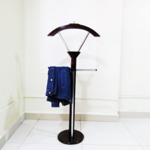 Elegant mahogany coat hanger with a sleek design, perfect for organizing coats and accessories in any space.