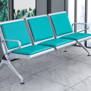 "Modern stainless steel framed padded visitors bench with soft PU leather upholstery, ideal for office waiting areas, banks, hospitals, and airports. Easy to assemble and designed for comfort and durability."