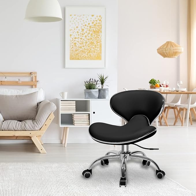 PU Leather Low Back Rolling Stool with adjustable height, shell-shaped backrest, 360-degree swivel wheels, and a durable PU leather finish, suitable for spa, salon, tattoo studio, and kitchen.