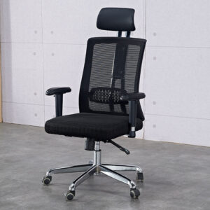 Ergonomic executive office chair with adjustable height, armrests, headrest, and a breathable mesh back on a chrome base with castors.