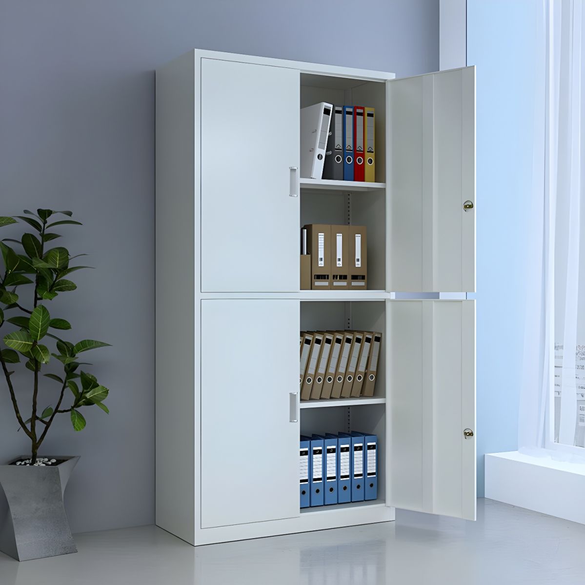 Heavy-duty 4 drawer locker steel cabinet with secure lock, powder-coated finish, and reinforced metal frame for strong and organized storage. Ideal for home, office, or garage use